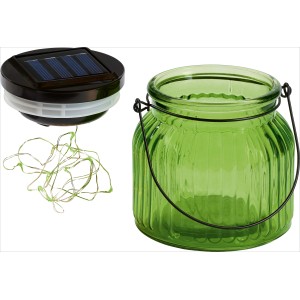Grünes LED-Dekoglas Marrubio für den Außenbereich mit Solar-Deckel und Lichterkette.