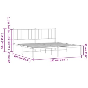 Weißes vidaXL Metall Bettgestell 180x200 cm mit Kopfteil. Ansicht mit Maßen: 207 cm Länge, 187 cm Breite, 90 cm Höhe.