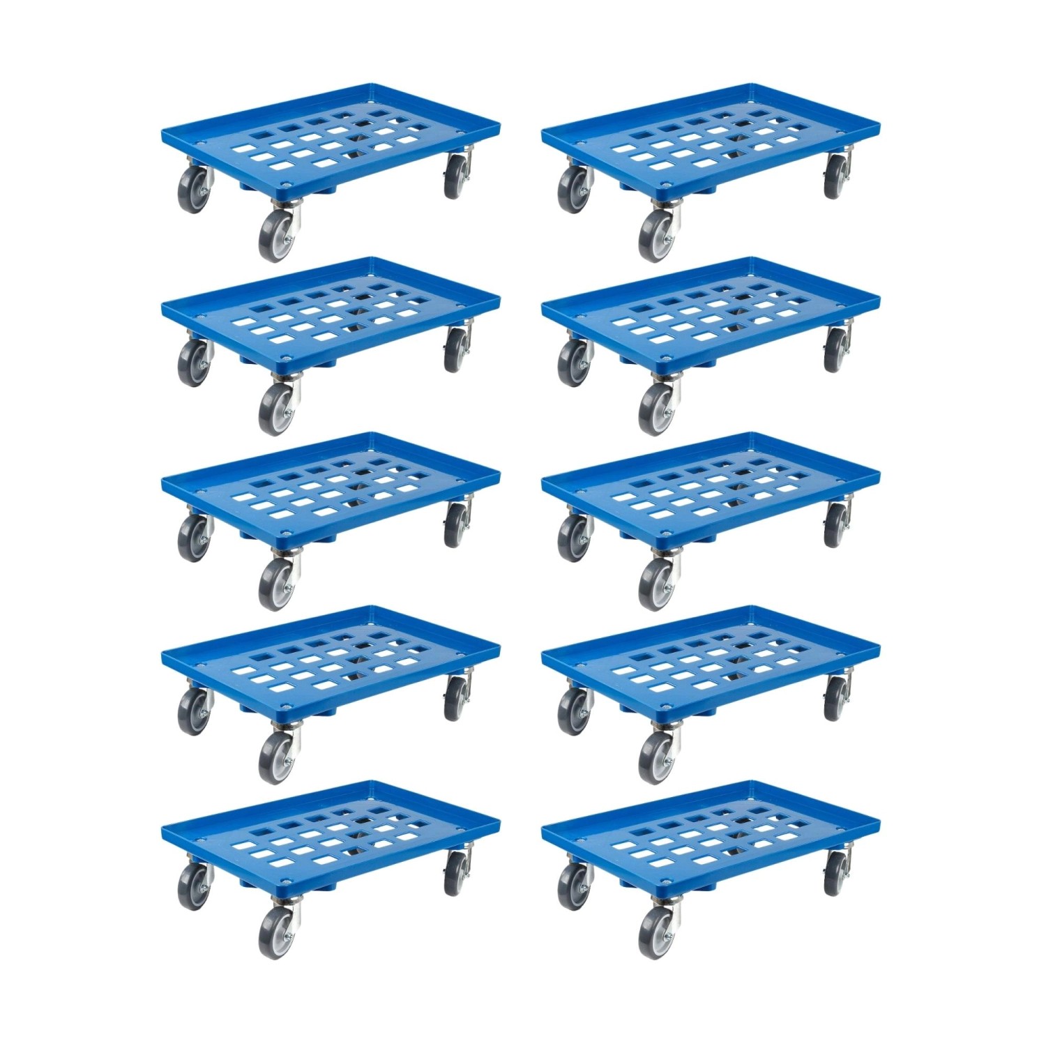 PROREGAL SparSet 10x Transportroller für Euroboxen 60 x 40 cm mit Gummiräder Blau Gitter/Rasterdeck 2 Lenkrollen und 2 B