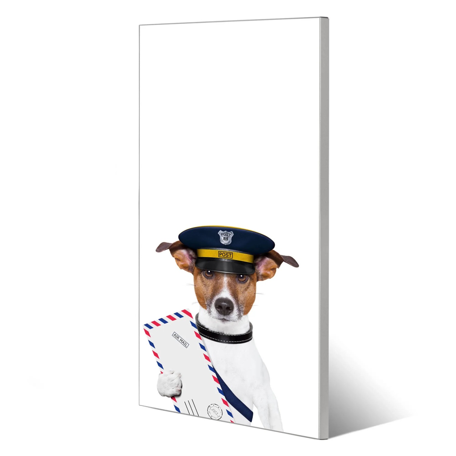 Magnettafel mit Jack Russel als Postbote, 37x78cm, silberne Magnetwand für Notizen & Fotos.