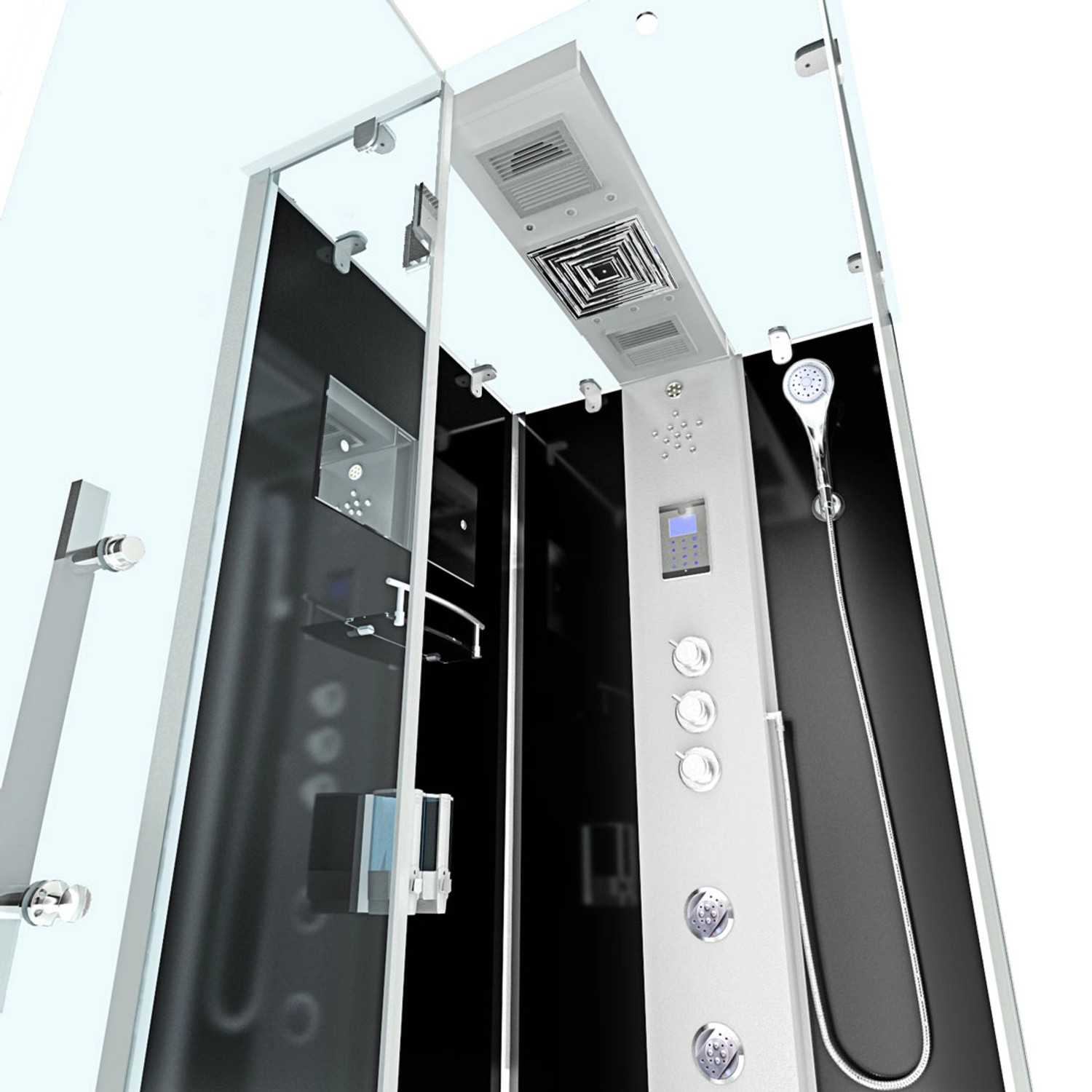 AquaVapore Komplettdusche 100x100 mit schwarzer Rückwand, Regendusche und Massagedüsen.