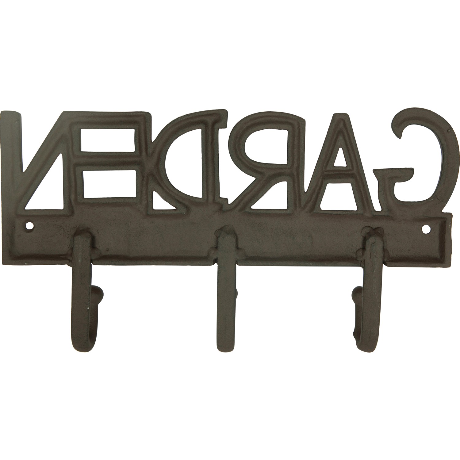 Wandhaken mit Schriftzug "Garden" aus Gusseisen, 3 Haken für Gartendekoration.