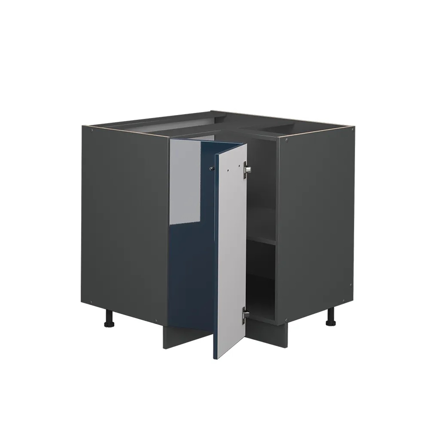 Vicco Eckunterschrank Fame-Line, dunkelblau hochglanz mit Marmor Arbeitsplatte, 81 cm. Küchenschrank für Ecklösungen.