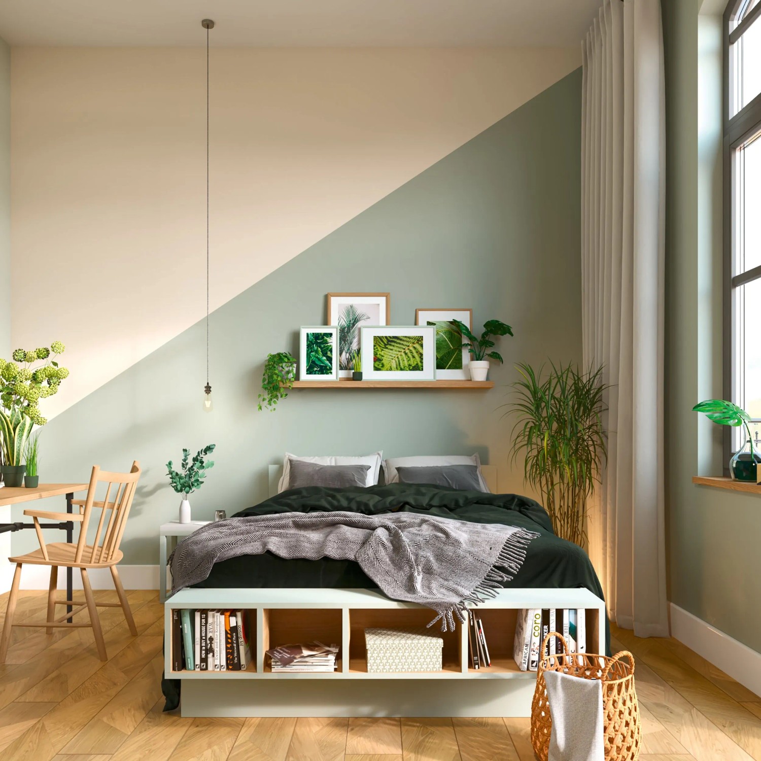 Schlafzimmer mit Wandfarbe Maja Jadegrün von CREATE! by OBI, matte Oberfläche.