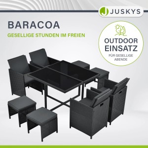 Schwarze 9-teilige Polyrattan Essgruppe Baracoa von Juskys mit Tisch und Stühlen.