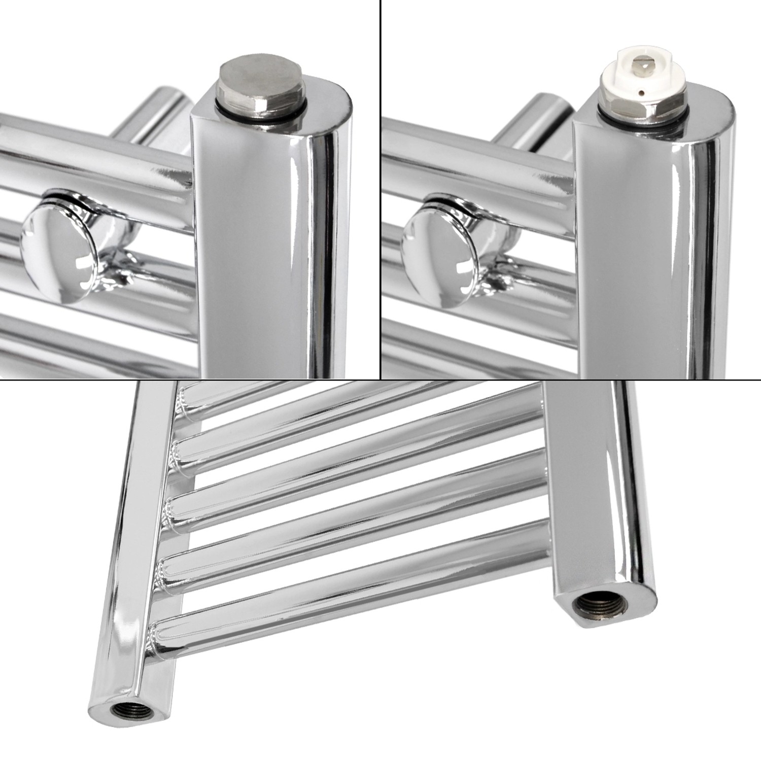 Detailansicht: LuxeBath Badheizkörper, elektrisch, Chrom, mit Heizstab und Montageelementen.