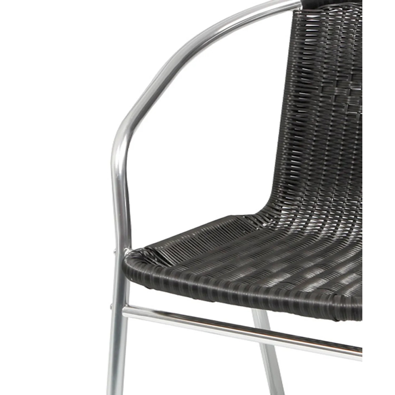 Detailansicht: Schwarzer Polyrattan Gartenstuhl mit silbernem Aluminiumgestell. Stapelbarer Bistrostuhl.