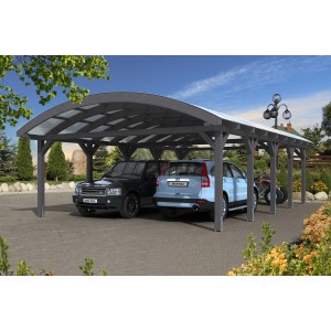 Skan Holz Doppelcarport Franken, schiefergrau, mit zwei geparkten Autos und Motorrad.