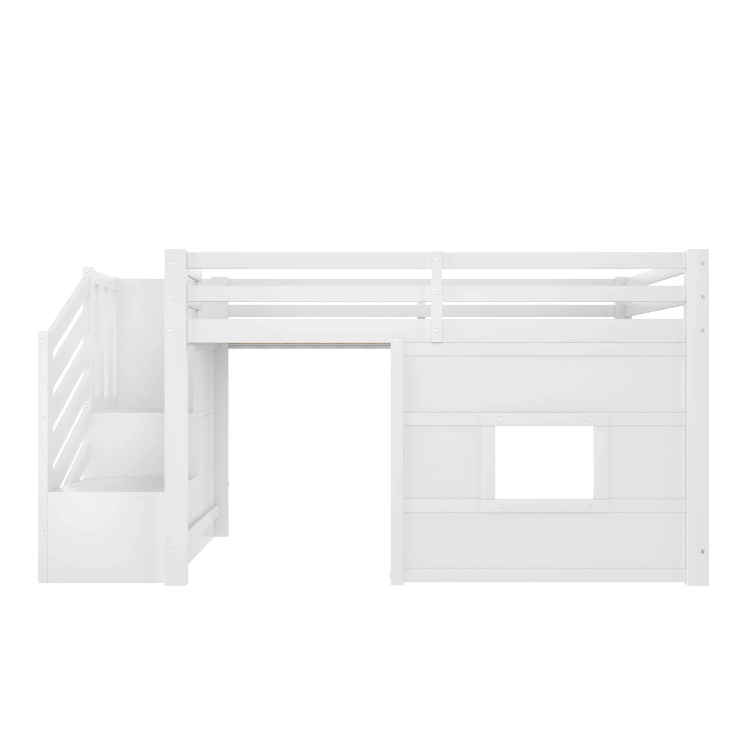 Merax Hochbett 90x200 cm mit Stauraumtreppe Fenster Weiß