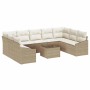 Beiges 10-teiliges vidaXL Garten-Sofa-Set aus Poly Rattan mit Tisch und Polstern.