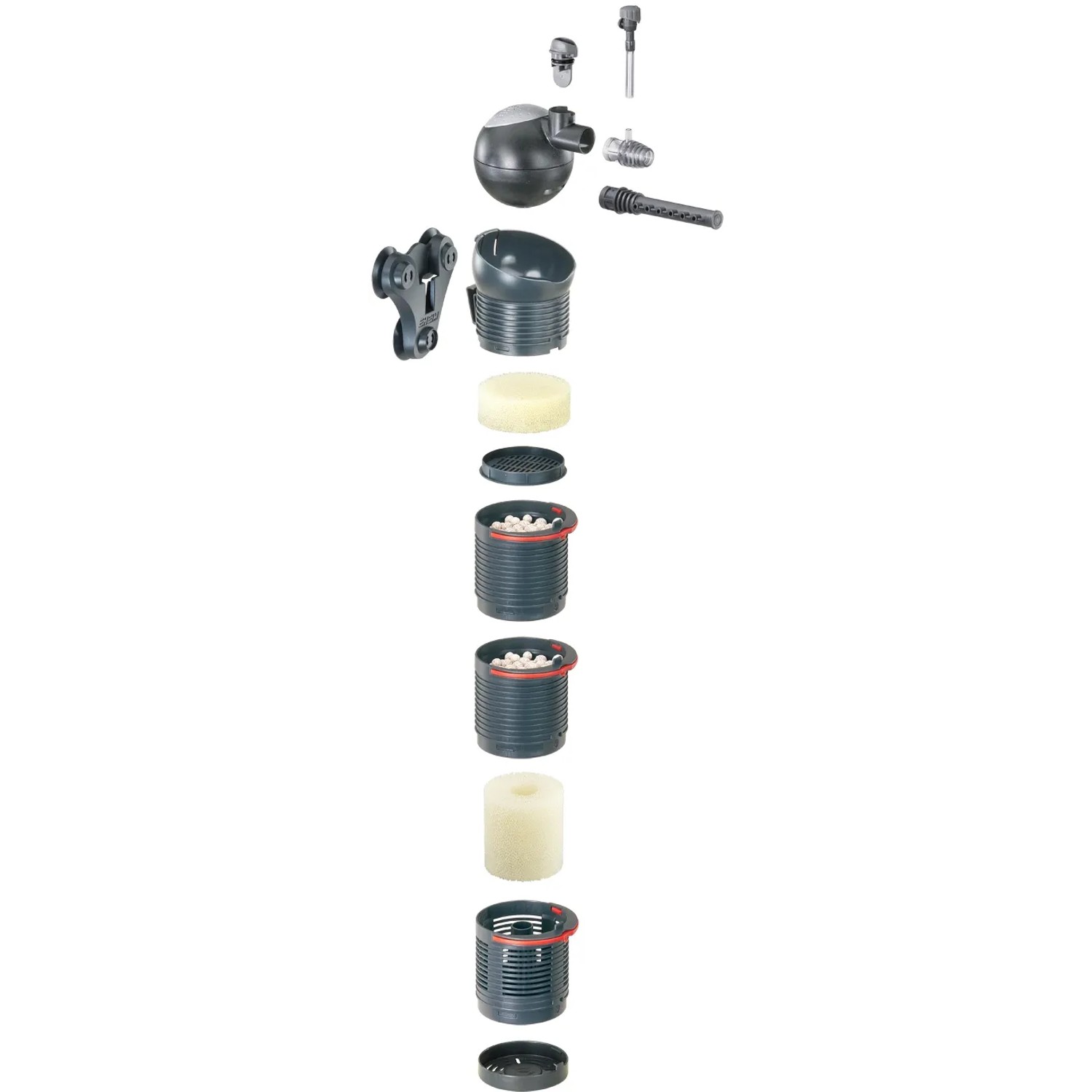 Eheim Biopower 200 Innenfilter für Aquarien, mehrstufig mit Filtermedien und schwenkbarem Pumpenkopf.