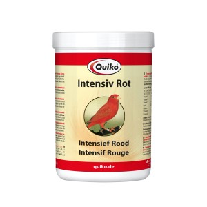 Quiko Intensiv Rot Ergänzungsfutter für Ziervögel, 500g Dose mit rotem Vogel.
