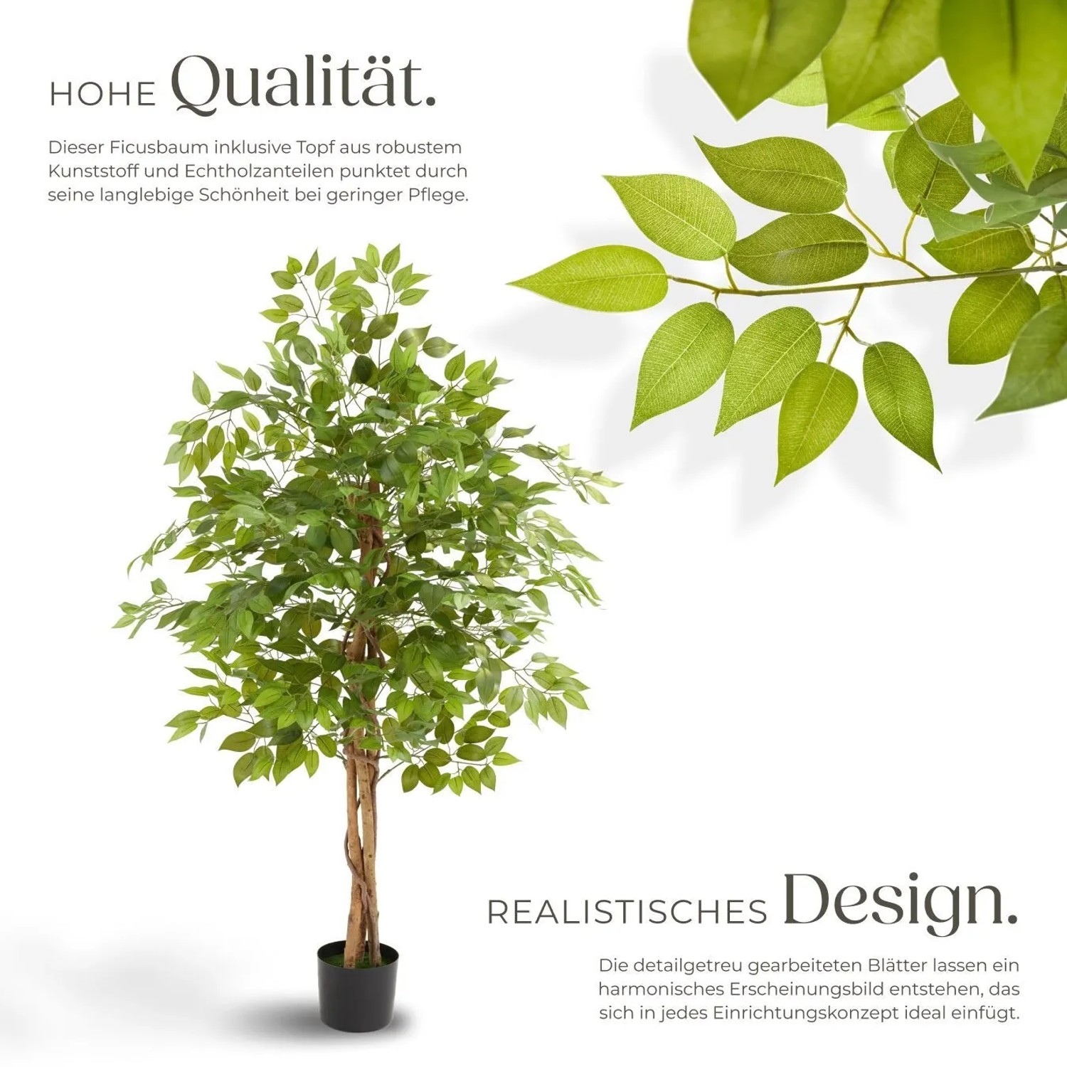 Künstlicher Ficusbaum Fida, 160 cm hoch, detailgetreu und naturgetreu im Topf.