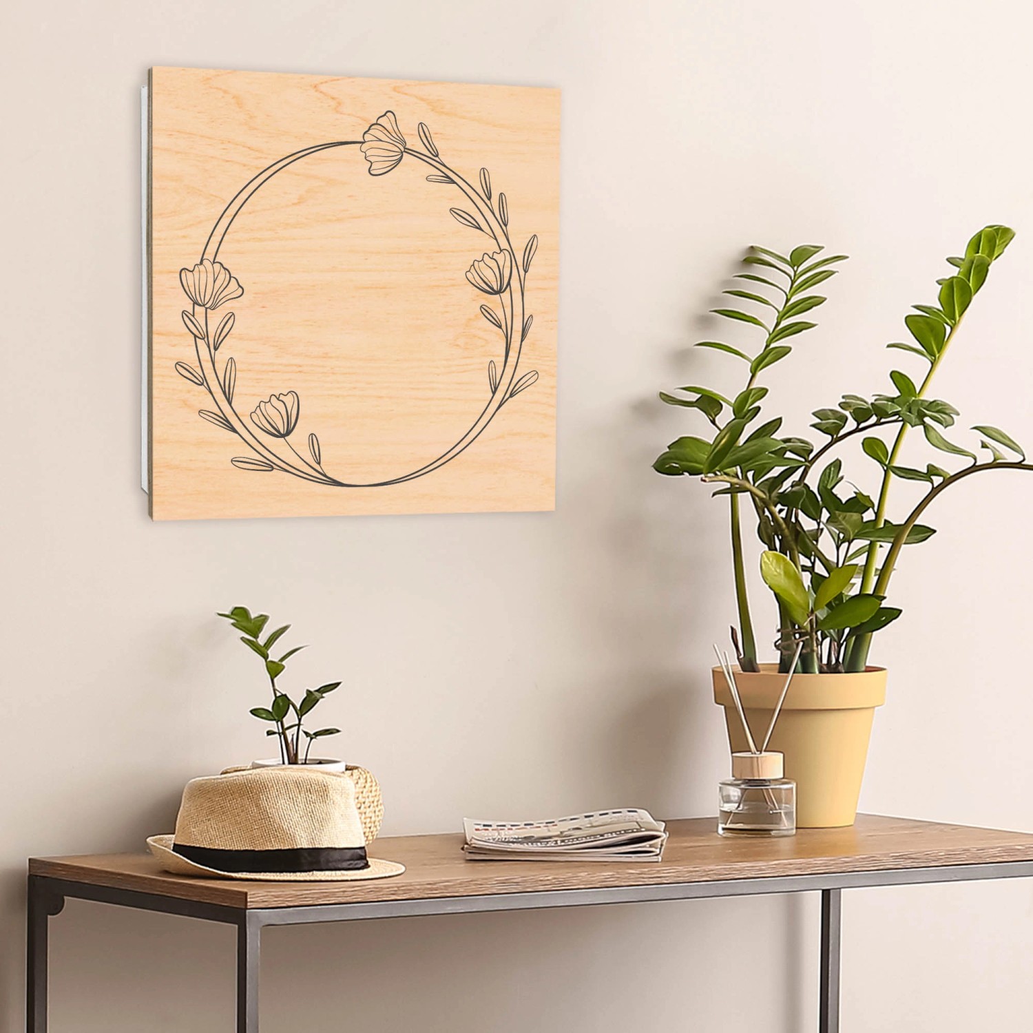 Banjado Schlüsselbox Holz, 30x30cm, weiß mit floralem Design. Schlüsselkasten für 50 Schlüssel.