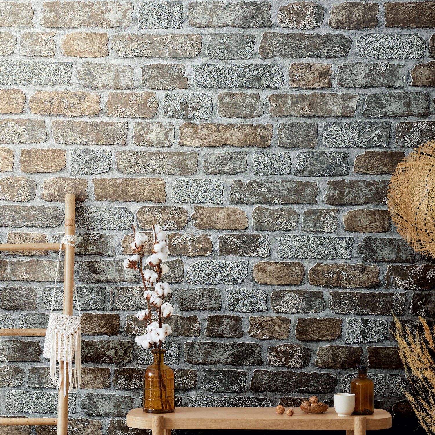 Marburg Vliestapete Imagine in Greige mit Stein- und Holzoptik für dekorative Wandgestaltung.