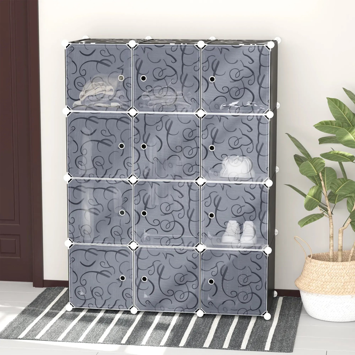 HOMCOM DIY Kleiderschrank, schwarz/weiß, mit 12 Fächern und 2 Kleiderstangen. Anpassbarer Kunststoff-Metall-Schrank.