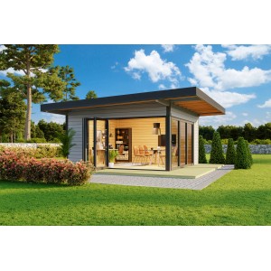 Modernes, lichtgraues Lasita Maja Ferienhaus Domeo 9 (450x450cm) im Garten.