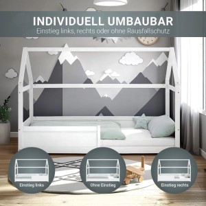 Weißes Homestyle4u Kinder Hausbett 90x200 cm aus Kiefernholz. Modularer Rausfallschutz für Einstieg links, rechts oder ohne.