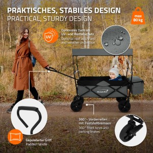 Grauer Hauki Bollerwagen L, faltbar mit Dach, ideal für Camping und Kindertransport.
