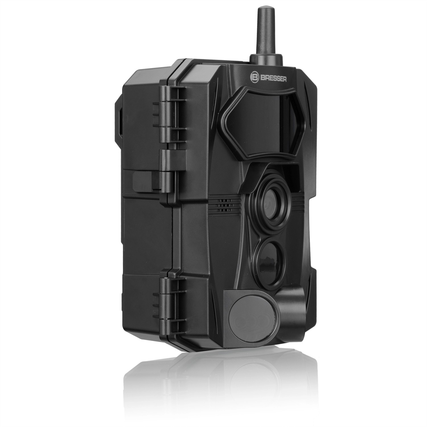 Schwarze Bresser WLAN Wildkamera 4-24 MP mit 20 m Reichweite für Tierbeobachtung und Überwachung.