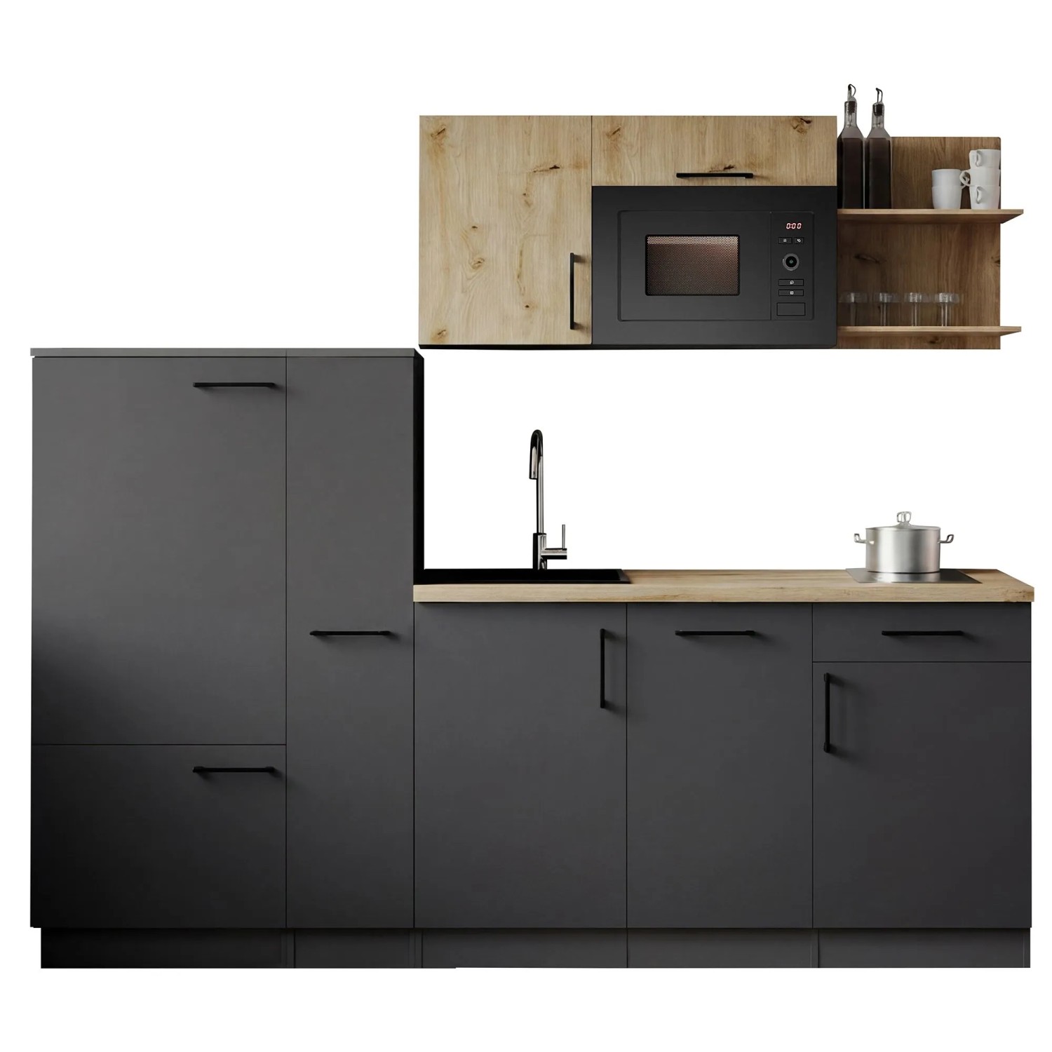 Respekta Singleküche Oliver 235 cm Kühlschrank Artisan-Eiche mit Mikrowelle