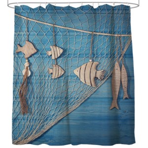 Sanilo Duschvorhang Seefahrt mit Fischmotiven und Netz auf blauem Holz.