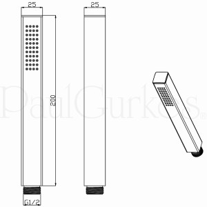 Technische Zeichnung: PaulGurkes Stab-Handbrause für Duschsystem, eckig, Maße und Anschlüsse.