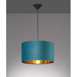 Türkisfarbene Fischer & Honsel Pendelleuchte Aura Samt, Ø 40 cm. Hängelampe mit goldenem Innenleben.