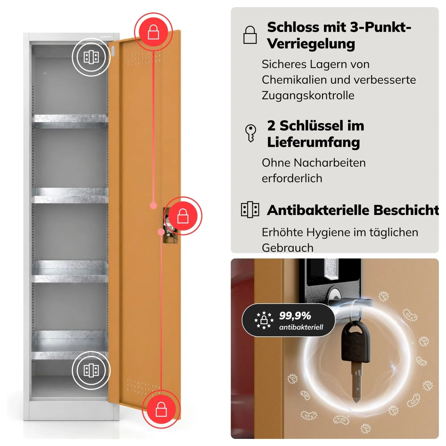 JAN NOWAK Sicherheitsschrank PETER, grau-gelb, mit offener Tür, 4 Fächern, 3-Punkt-Verriegelung und Schlüssel. Antibakteriell beschichtet.