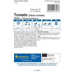 Kiepenkerl Cherry-Tomate Dona F1-Hybride Samenpackung. Kompakte Sorte für Ampeln und Töpfe.