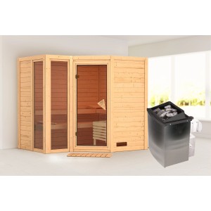 Karibu Sauna Amalia aus Fichte mit Ofen und integrierter Steuerung.