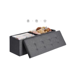 Graue Songmics Polsterbank mit Stauraum, teilweise geöffnet, gefüllt mit Spielzeug und Büchern.