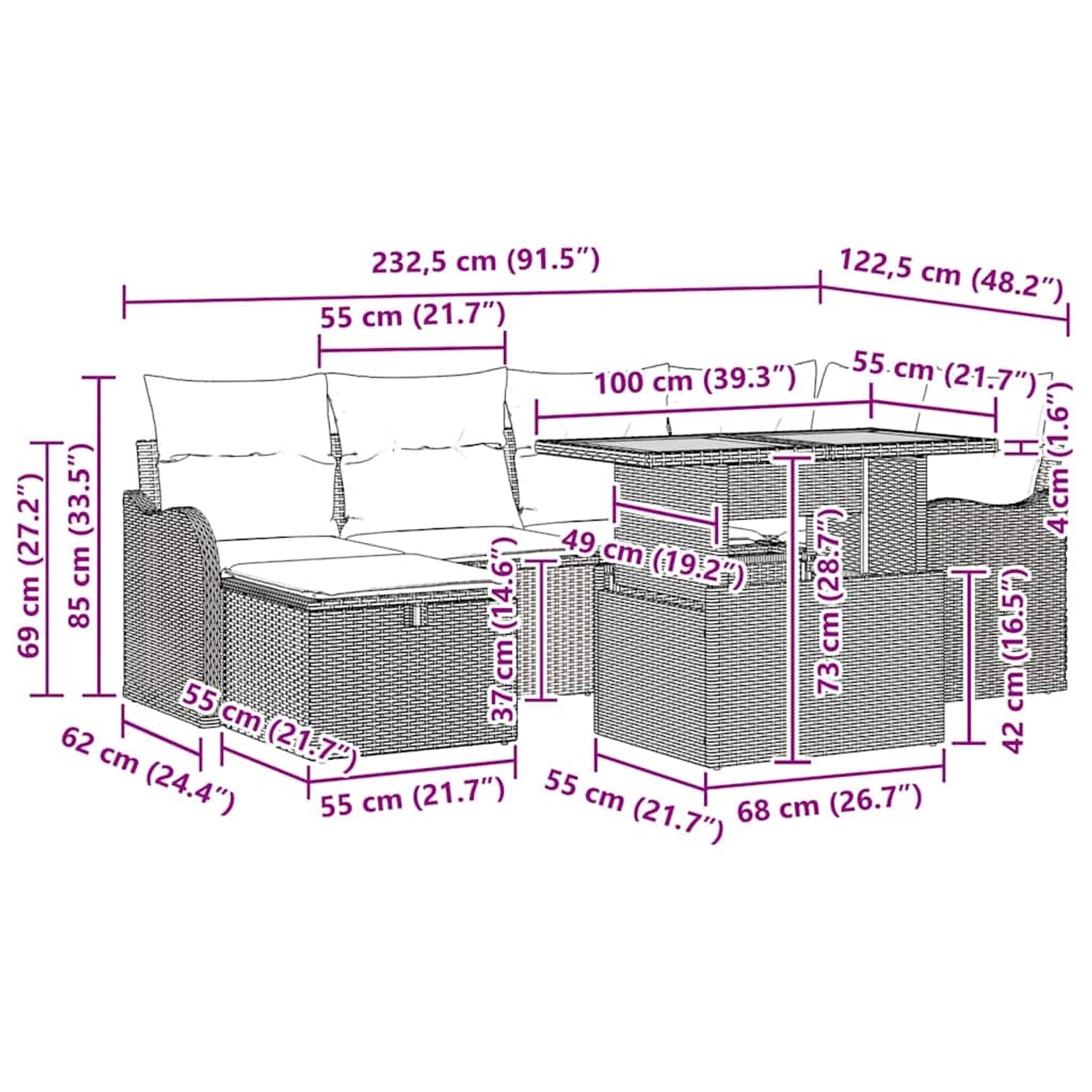 vidaXL Gartenmöbel-Set, 7-teilig, Schwarz, Poly Rattan, mit Maßangaben.
