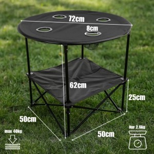Faltbarer, schwarzer Campingtisch mit Getränkehaltern und Ablagen. Kompakter Tisch für Camping & Outdoor.