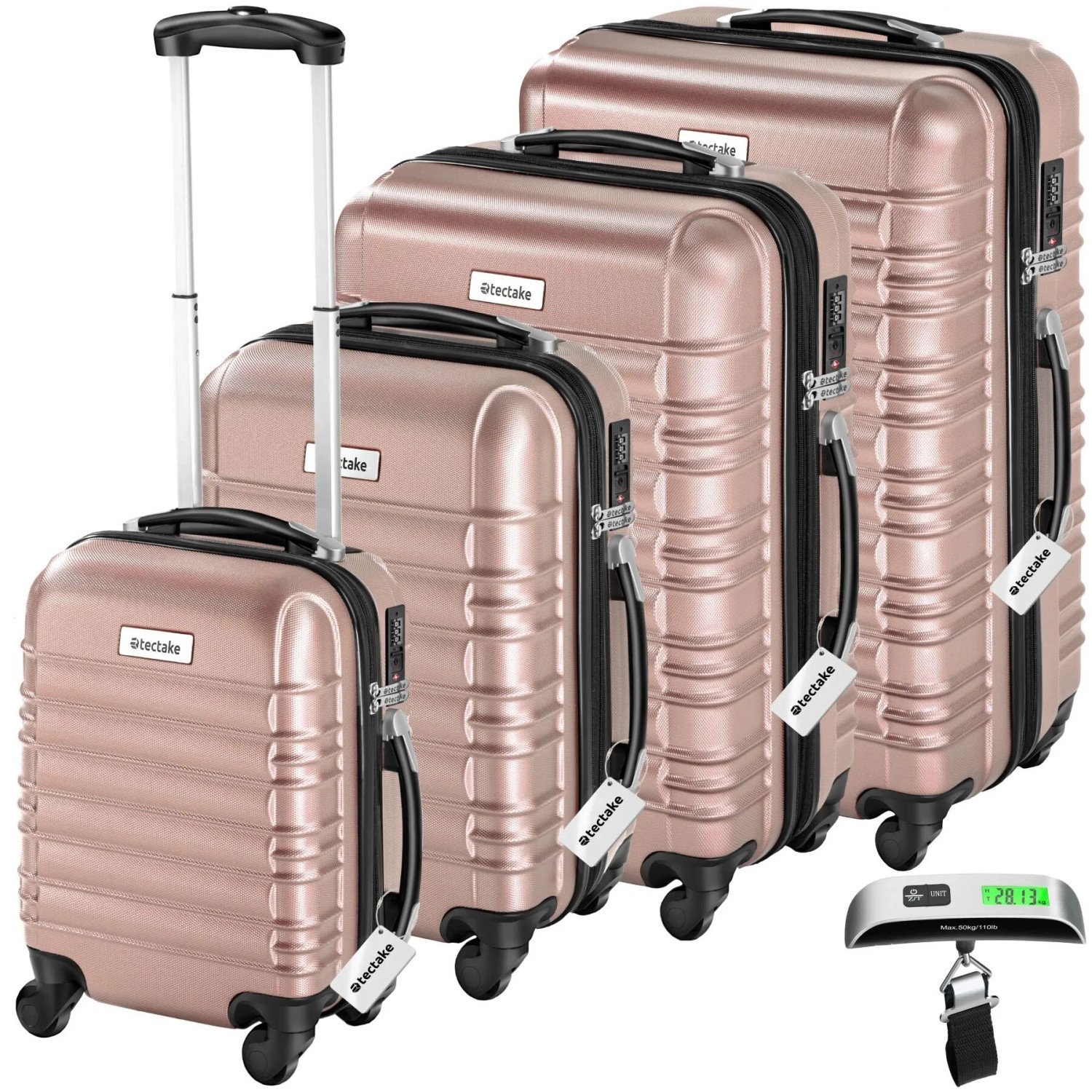 Tectake Hartschalenkoffer Set Mila 4 Teilig Aus Robustem Abs Kunststoff Inkl  Kofferwaage und  Anhänger  Mit Teleskopgriff  32 x 50 x 76 cm Roségold