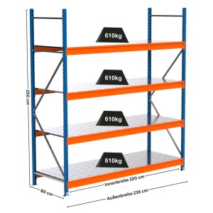 PROREGAL Weitspannregal MAXIMUS PRO Grundregal, blau/orange, 4 Stahlplatten-Fachböden, Fachlast 610kg.