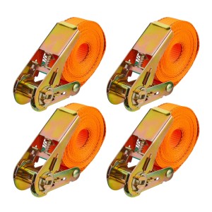 4er Set orangefarbene Spanngurte mit Ratsche, 5 m lang, aus Polyester und Stahl.