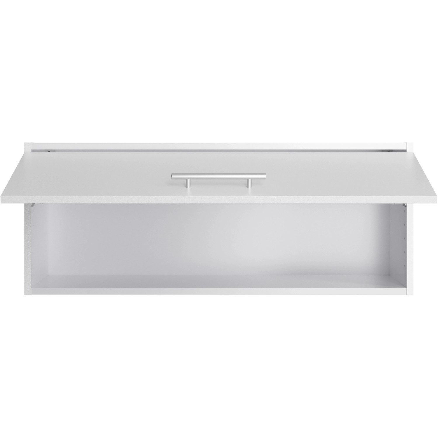 Weißer Optifit Oberschrank Bengt932, 90 cm breit, mit geöffneter Klappe und Edelstahlgriff. Küchen Hängeschrank.