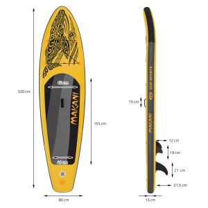 Gelbes ECD Germany Stand Up Paddle Board Makani, 320x80x15 cm, mit Maßangaben für Wassersport.