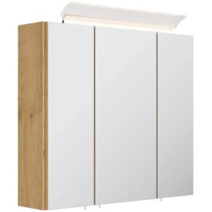 Spiegelschrank 70 cm mit 3 Spiegeltüren, Eiche Gold Korpus und integrierter LED-Lampe. Ideal für das Bad.