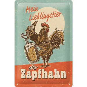 Nostalgic-Art Blechschild „Lieblingstier Zapfhahn“ mit Hahn, der ein Bier zapft, 20x30 cm.