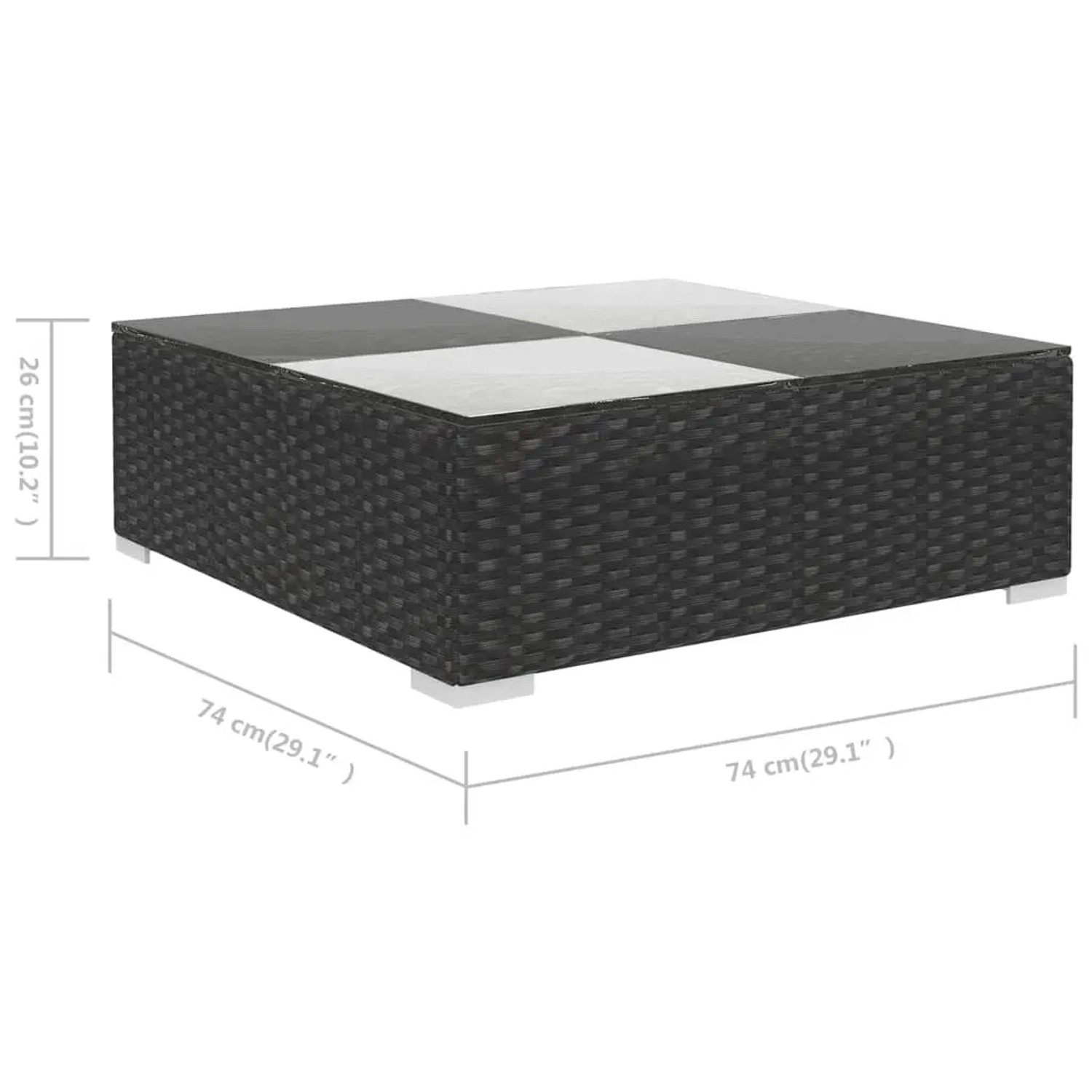 Quadratischer Couchtisch aus schwarzem Rattan mit Glasplatte, Teil des vidaXL Garten-Lounge-Sets.