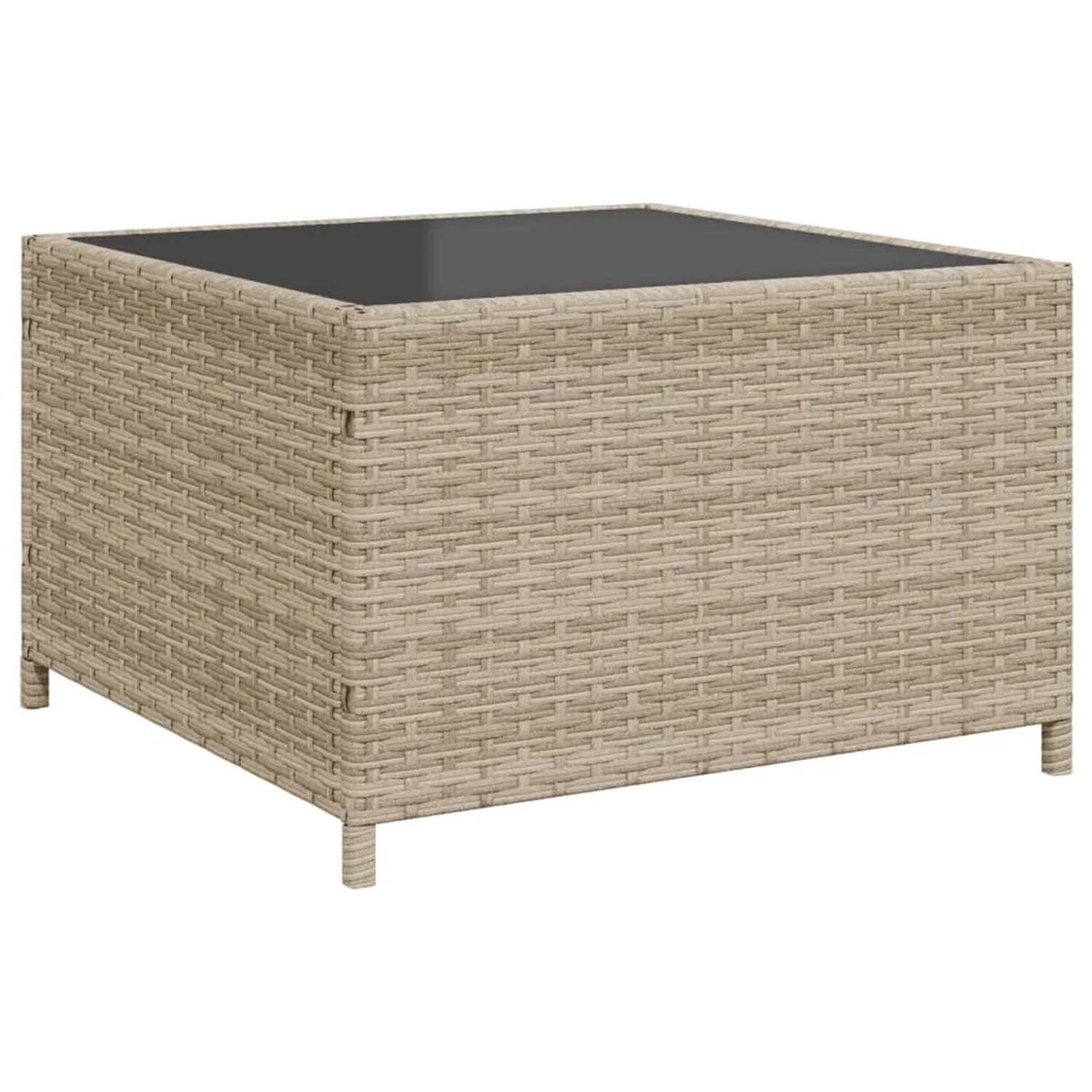 Quadratischer, hellgrauer Garten Couchtisch aus Rattan mit Glasplatte.