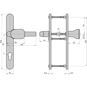 Technische Zeichnung: Basi Schmalrahmen-Garnitur SRW 4100 PZ, Alu Silber, Maße und Details.