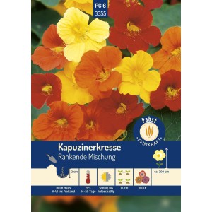 Pabst Keimkraft Kapuzinerkresse Rankende Mischung Saatgut mit gelben, orangen und roten Blüten.