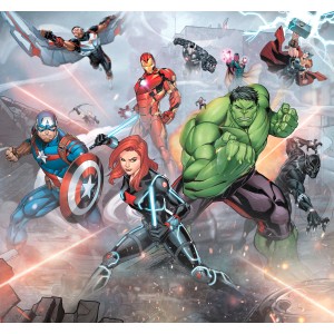 Komar Vlies Fototapete mit Avengers-Motiv: Captain America, Iron Man, Hulk und Black Widow.