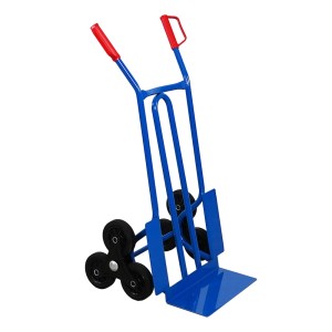 Blauer PROREGAL Treppensteiger RHINO XL mit Schaufel und 3 Vollgummirädern für Werkstattwagen.