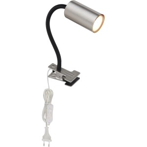 Nickel-matte Klemmleuchte Robby mit flexiblem Arm und schwarzem Detail. Praktische Leselampe für flexible Beleuchtung.