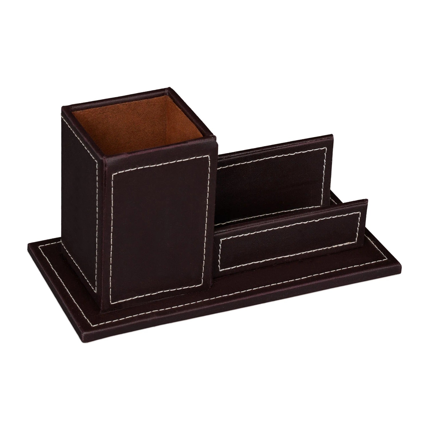 Relaxdays Schreibtischorganizer Kunstleder Braun mit Stiftehalter und Kartenhalter 10,5 cm x 20 cm x 10 cm 0,2 kg