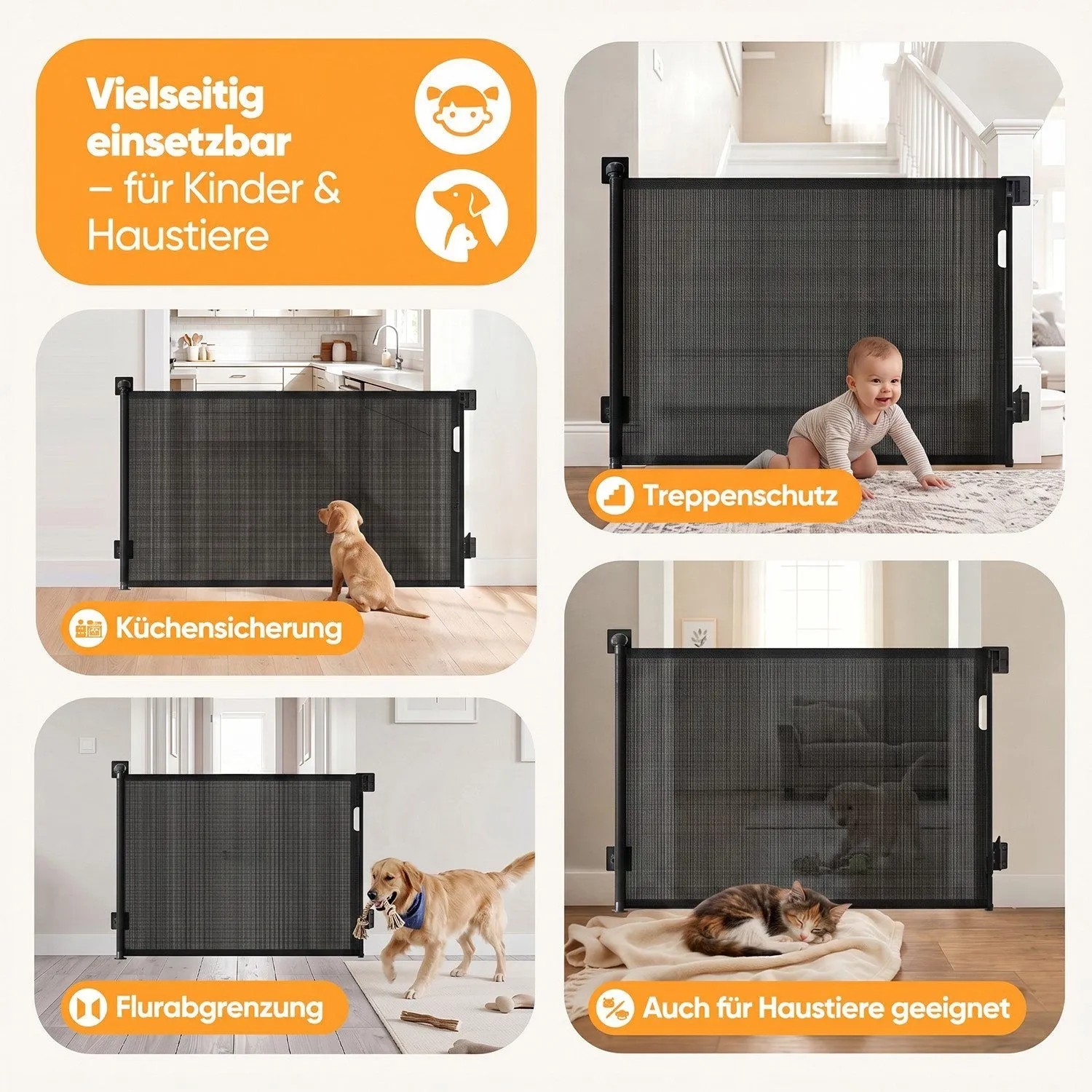 Schwarzes ausziehbares Sekey Treppenschutzgitter für Kinder und Hunde, als Absperrgitter in Küche, an Treppe und Flur.